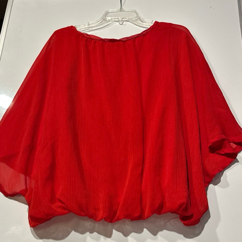 A.N.A Linen Blouse Medium Red Cropped Gathered Waist Short Sleeve Boxy Fit Top